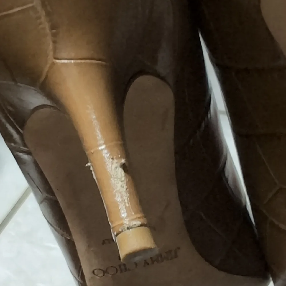 Jimmy Choo Croc-Embossed Tan Peep-Toe Heels - Picture 6 of 7